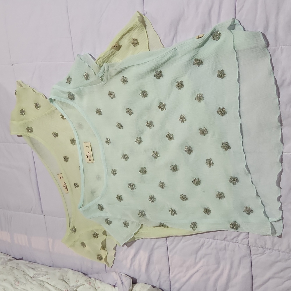 Hollister Light Blue & Pale Yellow Floral Embellished Sheer Blouses (2)